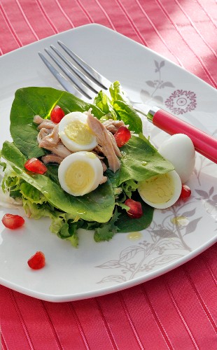 A salad with chicken, quails eggs and pomegranate seeds
