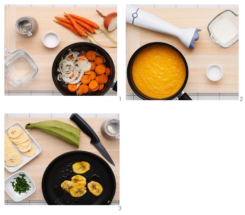 Carrot soup with plantain chips being made