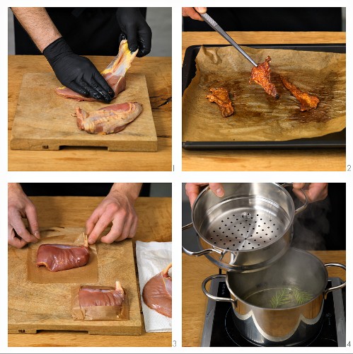 Steamed pheasant breast with crunchy skin chips being made