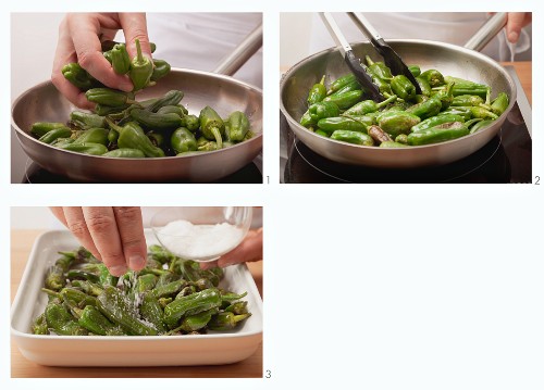 Fry Pimientos de Padron and scatter with salt