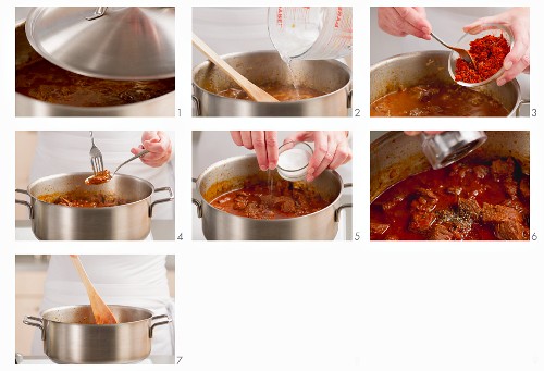 Beef goulash being prepared (spices being added)