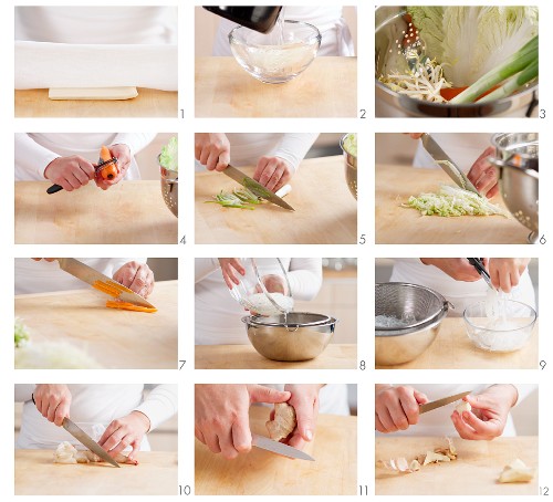 Vegetables and glass noodles being prepared (for spring rolls)