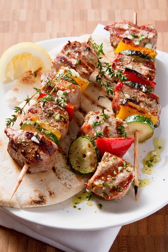 Grilled vegetable and meat kebabs