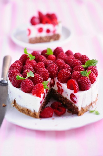 Raspberry cheesecake, a piece cut