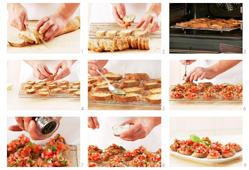 Bruschetta being prepared: bread being toasted and topped with tomatoes
