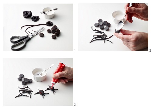 Spider decorations being made of liquorice