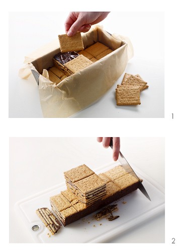 A wagon-shaped chocolate biscuit cake being made