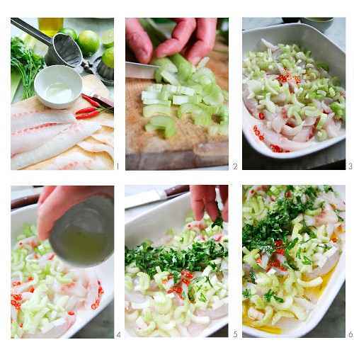 Ceviche with celery being made