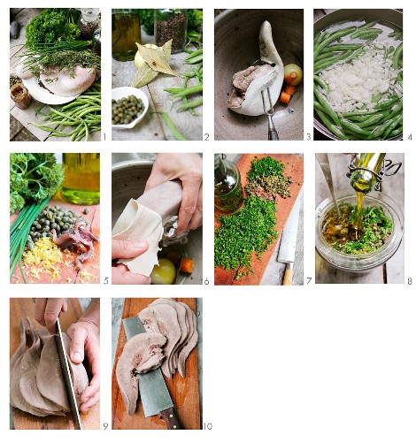 Veal tongue with green beans being made