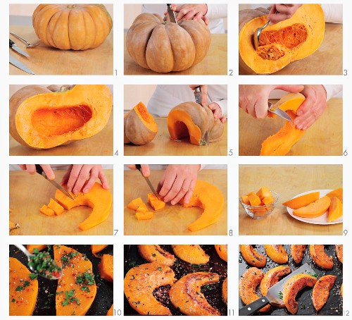 Baked pumpkin wedges being prepared