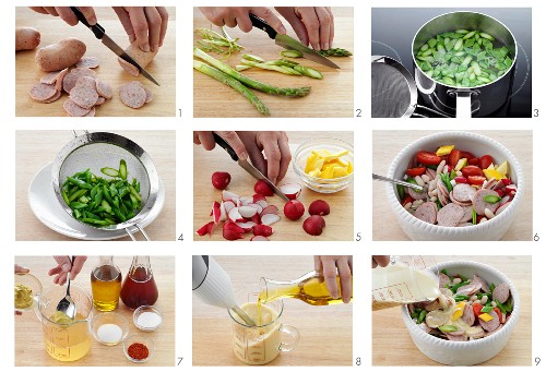 Sausage salad with vegetables being prepared