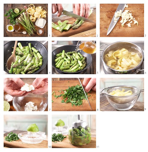 How to prepare flat ribbon pasta with green asparagus and sheep's cheese