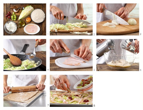 How to prepare pointed cabbage tarte flambée with turkey breast and grapes
