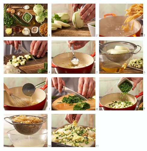 Nudelgratin mit Kohlrabi, Erbsen und Zucchini zubereiten