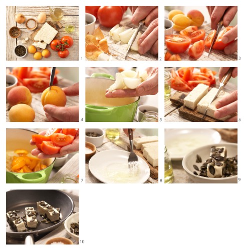 Tofuschnitten mit Kürbiskernen auf Aprikosen-Tomaten-Gemüse zubereiten