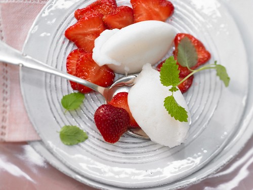 Lemon balm sorbet with marinated strawberries