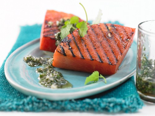 Grilled watermelon with lemon balm pesto