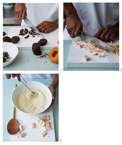 White chocolate icing with Oreo cookies being prepared for doughnuts