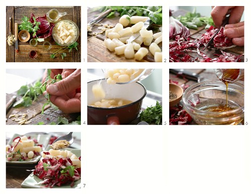 Scharfe Schwarzwurzeln mit Radicchio-Salat und Haselnüssen zubereiten