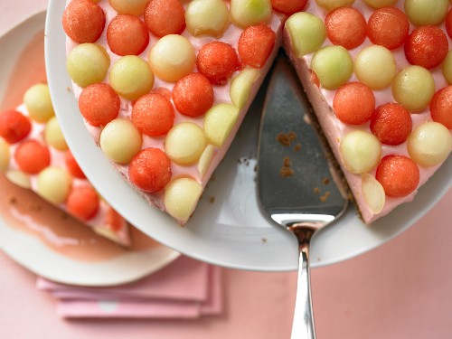 A melon and yoghurt cake with a biscuit base