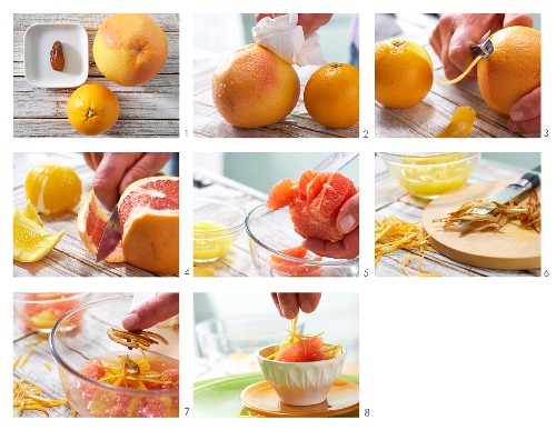 Orangen-Grapefruit-Salat mit Dattelstreifen zubereiten