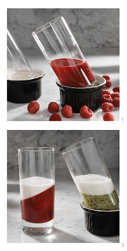Preparing summer drinks with raspberries, kiwi & yoghurt