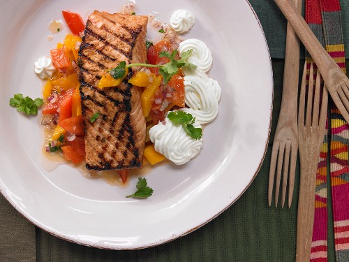 Chili salmon fillet with spicy peppers and a mango salsa