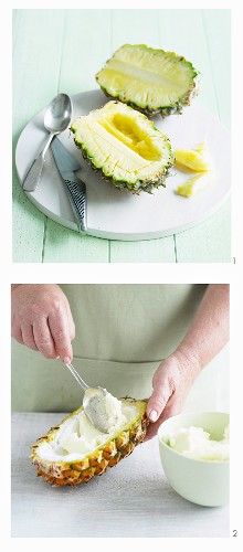 Coconut and pineapple ice cream in banana leaves
