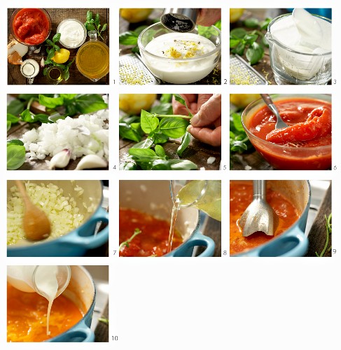 Tomato and basil soup with yoghurt being made