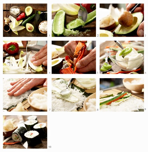 How to make maki sushi with cucumber, avocado, lettuce and peppers