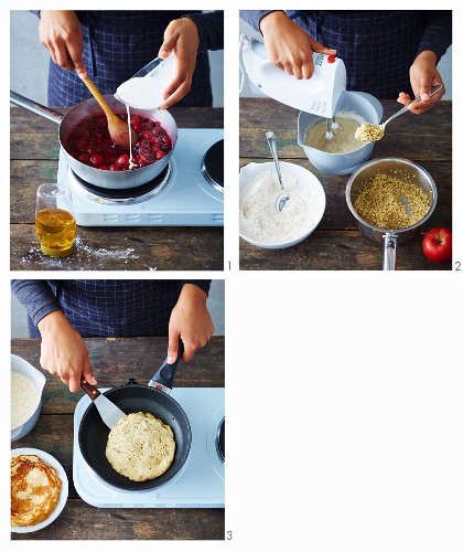 Vegan quinoa pancakes with berry compote being made (soya-free)