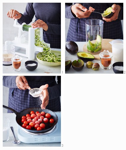 Vegane Zucchininudeln mit Avocado und Tomaten zubereiten (sojafrei)