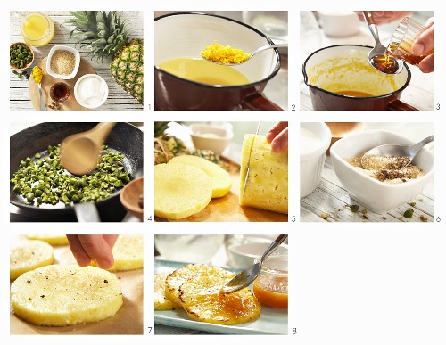 Gratinierte Ananas mit Pimentzucker und Orangensirup zubereiten