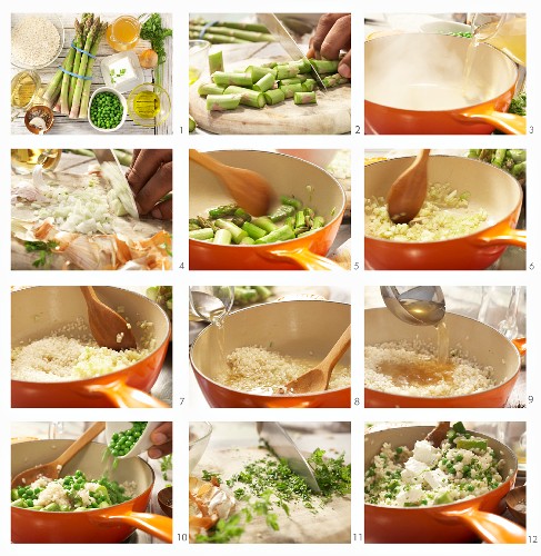 How to prepare risotto with peas, green asparagus and goat's cheese
