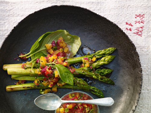 Grilled asparagus with an orange and pistachio salsa