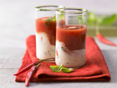 Sour milk and tomato juice drink with basil