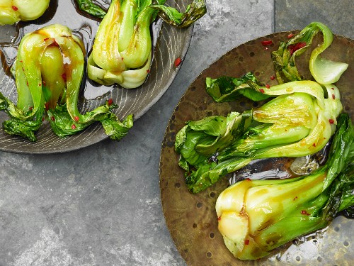 Pan fried pak choi with sweet and spicy sauce