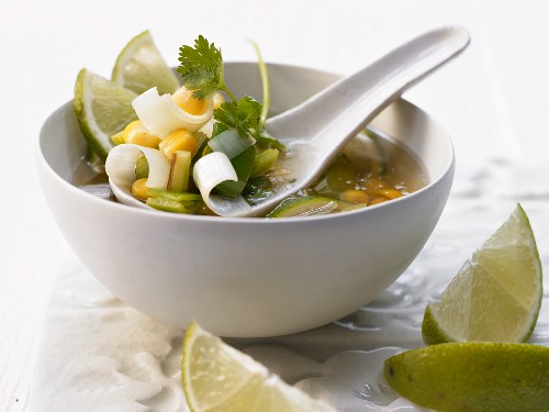 Spicy corn soup with chilli, ginger and lime