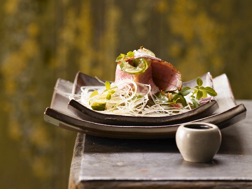Entenbrust auf Glasnudelsalat mit Gurke, Erdnüssen und Thai-Basilikum