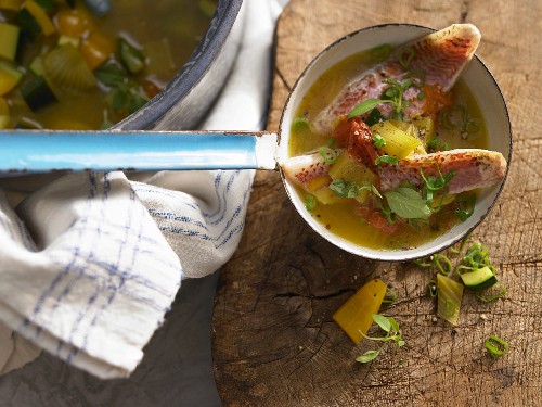 Red mullet in vegetable soup with saffron and fennel