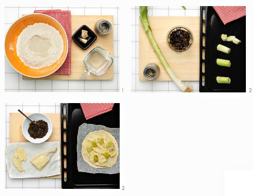 How to make pizza with cheese, leeks, artichokes and tapenade