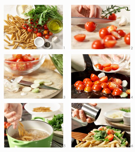 How to make penne with rocket, cherry tomatoes and garlic