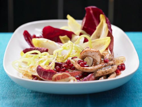 A chicory salad with strips of turkey and pomegranate seeds