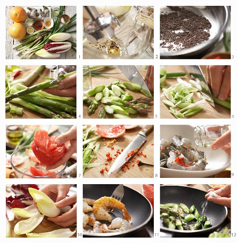 Salat mit Radicchio, grünem Spargel, Garnelen und Chiasamen zubereiten