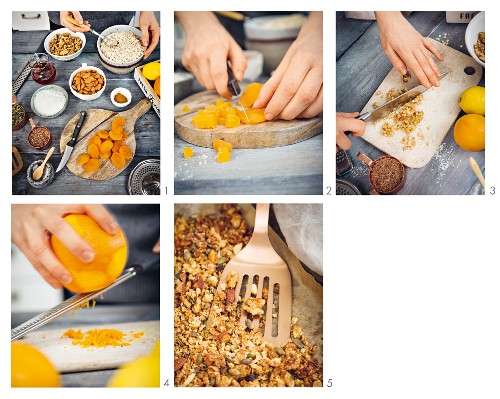 Crunchy muesli with orange and dried apricot being made