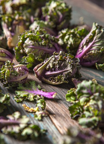 Curly kale on a wooden background (close up)