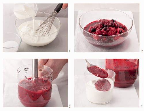 Preparing vanilla quark with berry sauce