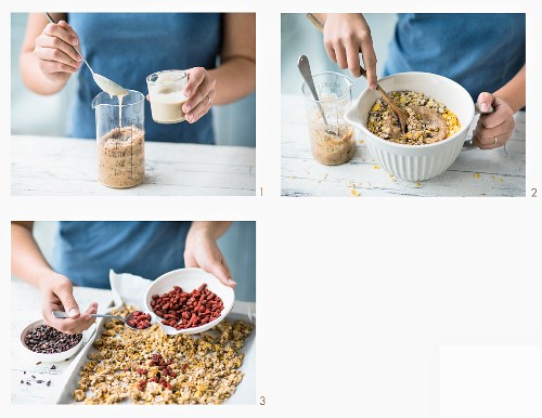 Lupin granola with goji berries and amaranth being made