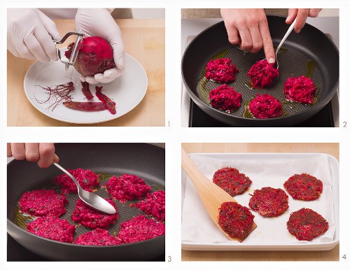 Vegetarian beetroot fritters being made