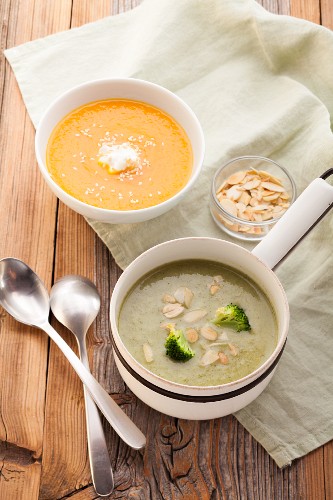 Creamy broccoli soup and creamy carrot soup